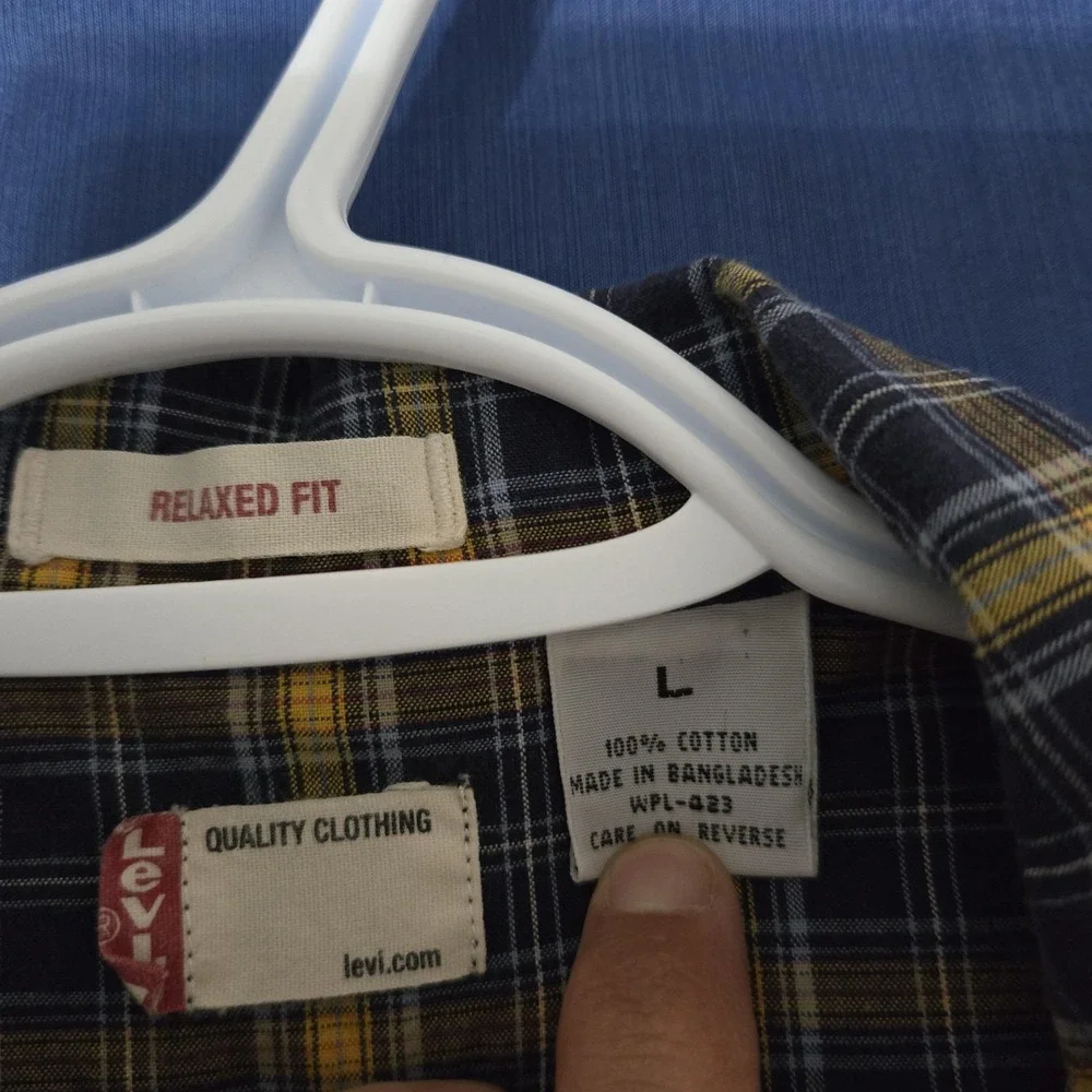 Levi's Shirt Mens Large Blue Yellow Plaid 100% Cotton Relaxed Fit Short Sleeve‎